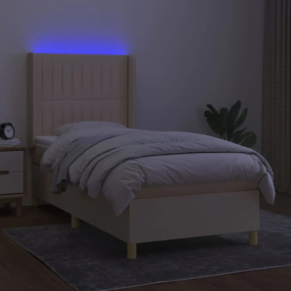 Cama box spring c/ colchão e LED 90x200 cm tecido cor creme