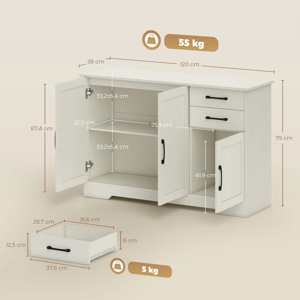 Aparador com 3 Portas 120x38x79 cm Moderno para Sala de Estar com 2 Gavetas Prateleira Ajustável Branco com Efeito Madeira