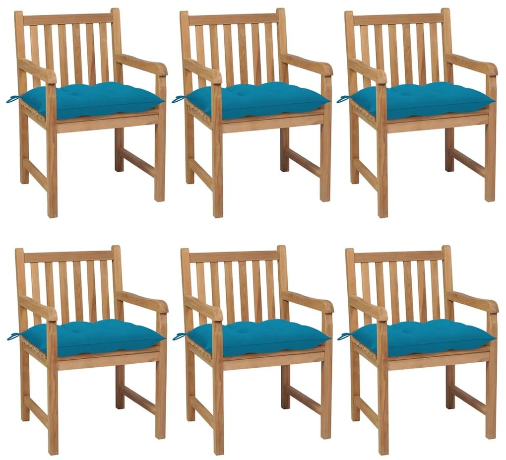 vidaXL Cadeiras de jardim c/ almofadões azul-claro 6 pcs teca maciça