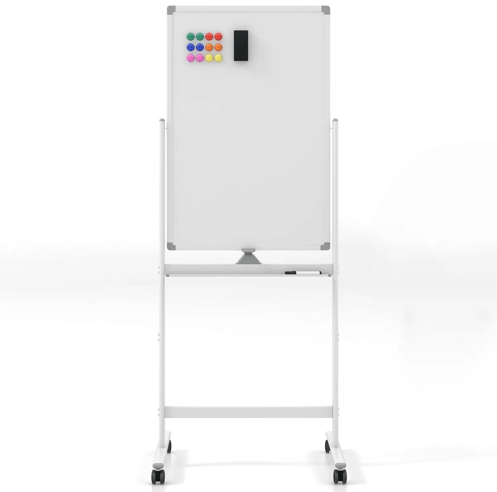 Quadro magnético móvel para apagar a seco 60x90cm Dupla face com suporte Rodas 360° Altura ajustável 151-178cm na escola Escritório Branco