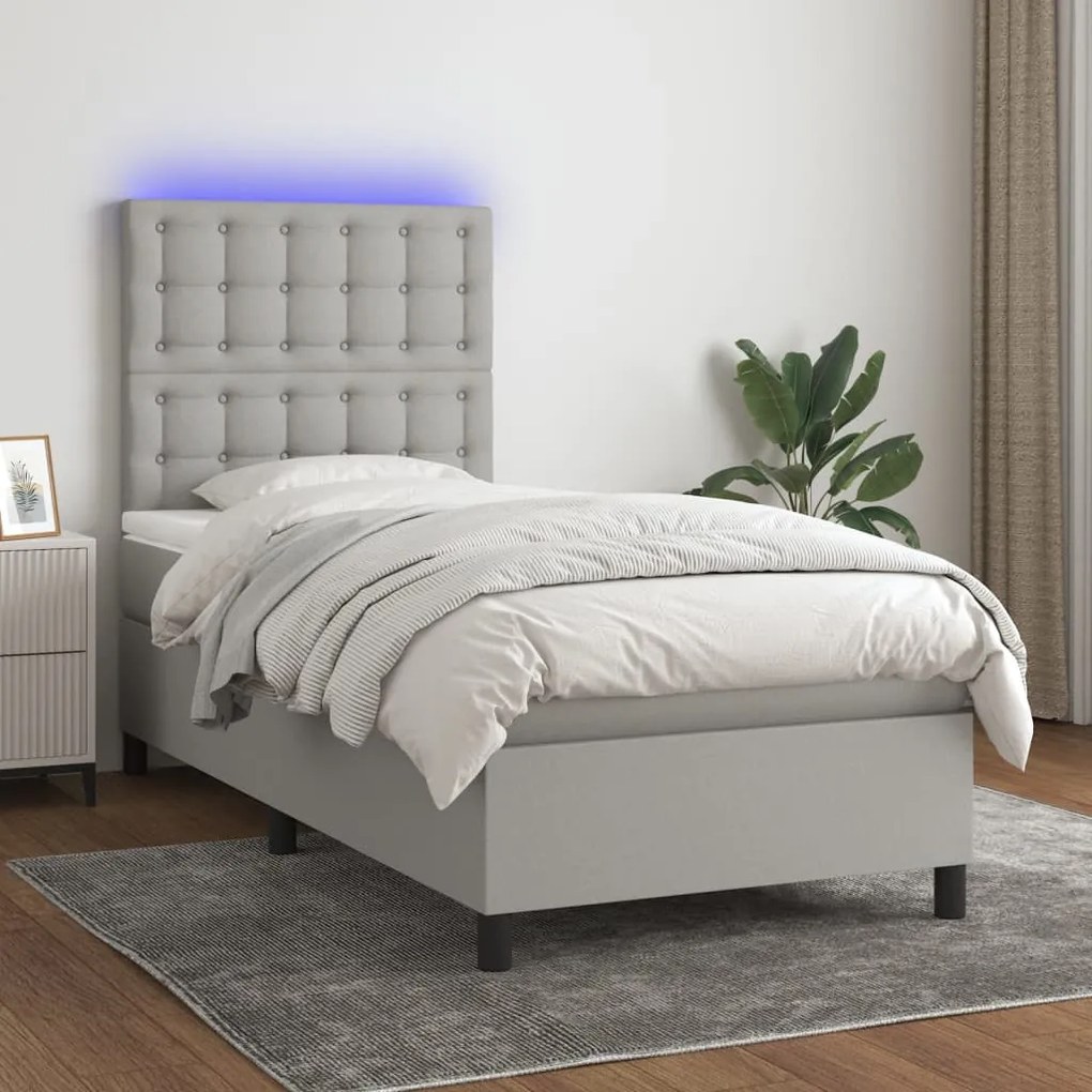 Cama box spring c/ colchão e LED 80x200 cm tecido cinza-claro