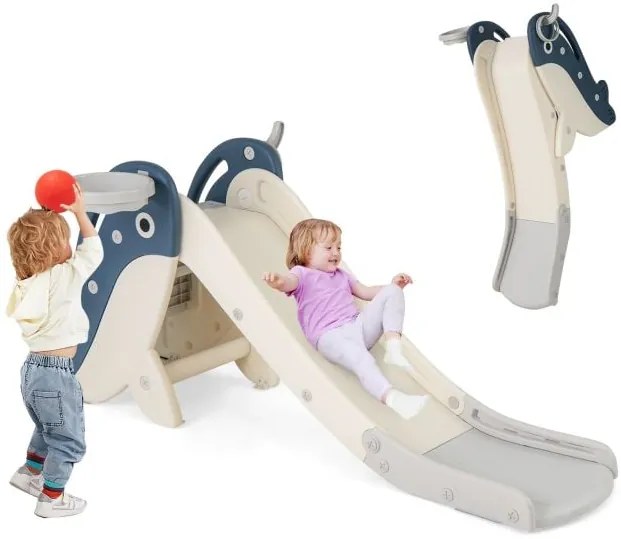 Escorregador dobrável para bebês com cesta de basquete, arremesso de argolas, bomba de bola e argolas cinza