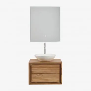 Conjunto De Móveis De Banheiro Em Madeira De Teca Jabari Madeira De Teca & Cimento Redondo Branco Ø40 Cm Zavion & Led Retangular - Sklum