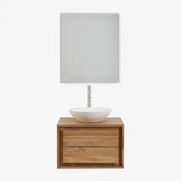 Conjunto De Móvel De Casa De Banho Suspenso Em Madeira De Teca Jabari Madeira De Teca & Cimento Redondo Branco Ø40 Cm Zavion & Led - Sklum