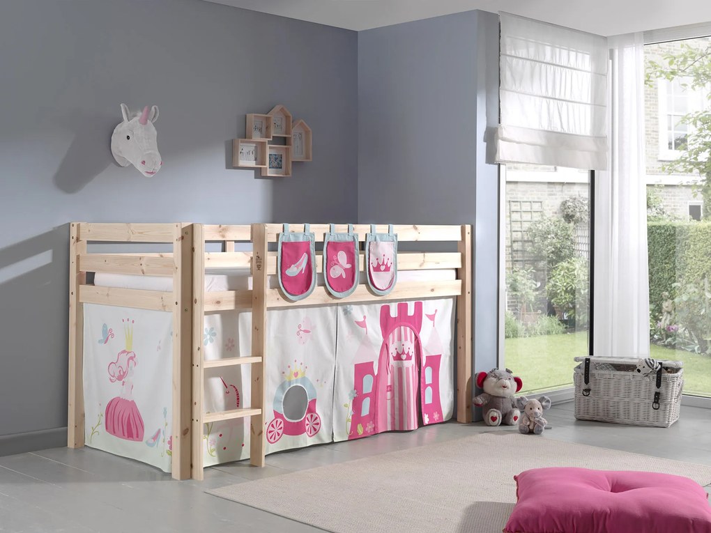 Conjunto Cama alta de Criança PINO 90 x 200 cm + estrado + escada + cortina + 3 bolsas Princesa Natural