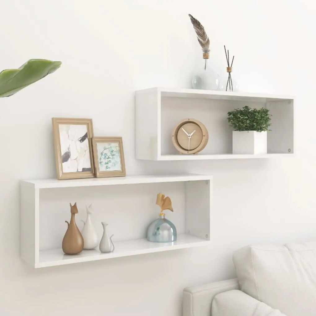 Prateleiras parede cúbicas 2 pcs deriv. madeira branco brilh.