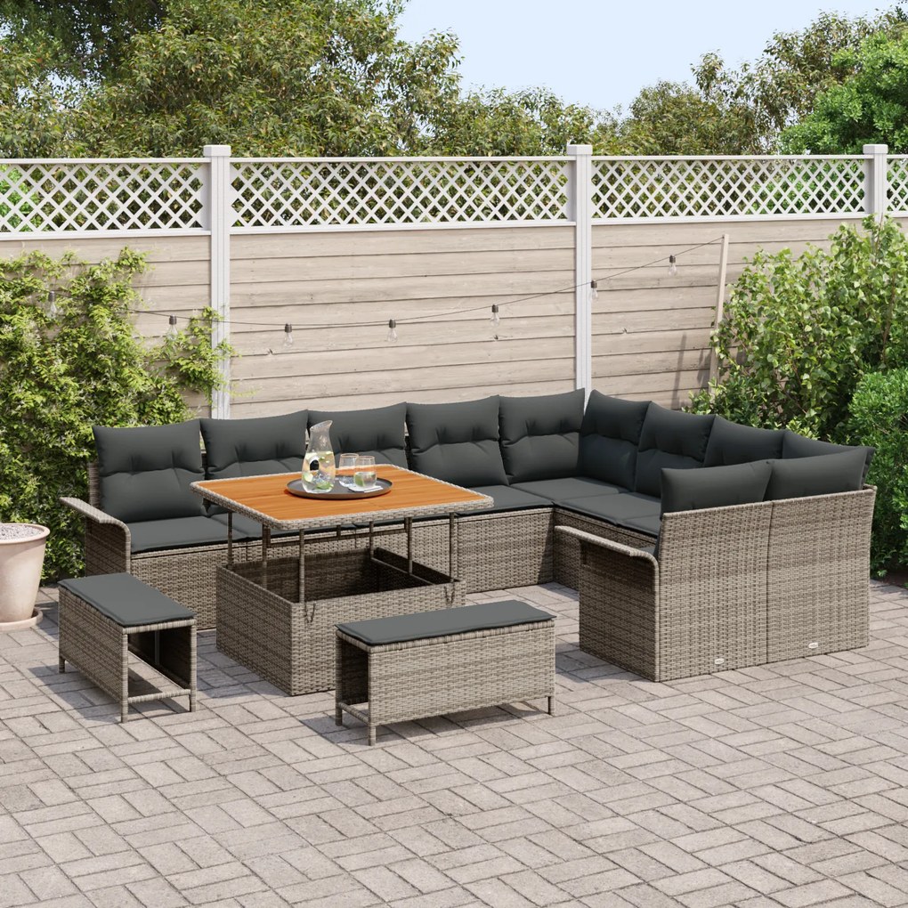 Conjunto de Sofá de Jardim 12 Peças com Almofadas de Rattan Sintético
