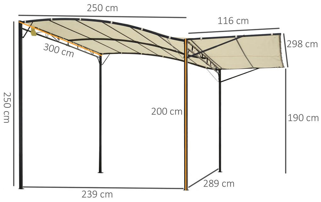 Outsunny Pérgola de Jardim 3x2,5m Pérgola Montada na Parede com Teto Retrátil 10 Orifícios de Drenagem Estrutura de Aço e Poliéster 180 g/m² para Pátio Terraço Exterior Creme