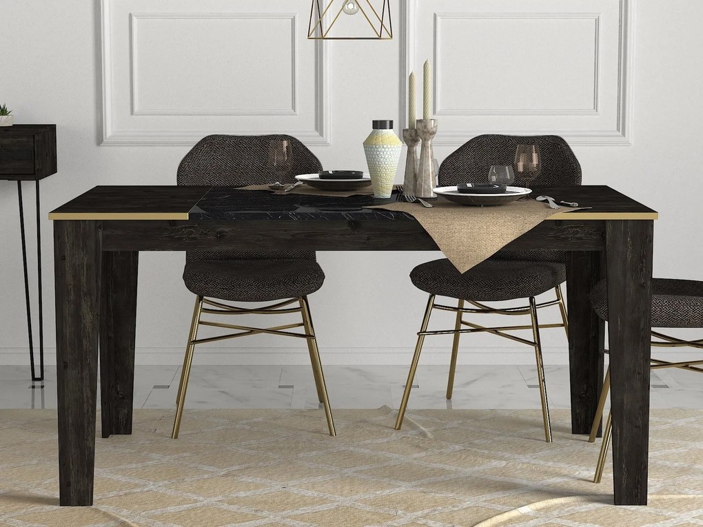 Mesa de Jantar "Veyron" – 145x85x76.2 cm – Preto, Preto Mármore e Dour