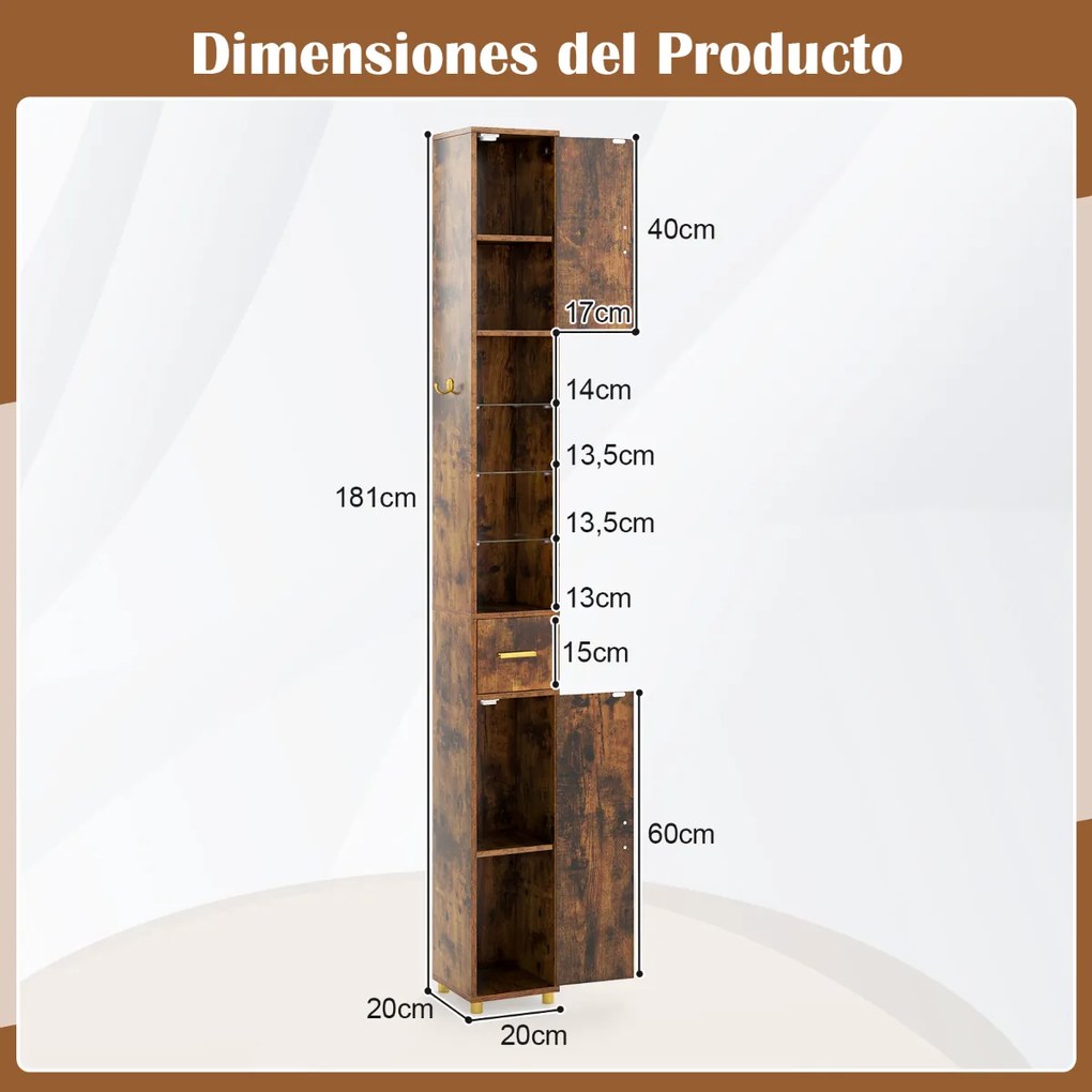 Armário de casa de banho 20 x 20 x 181 cm estreito com Faixa de luzes de 3 cores com 2 portas e prateleiras ajustáveis Café