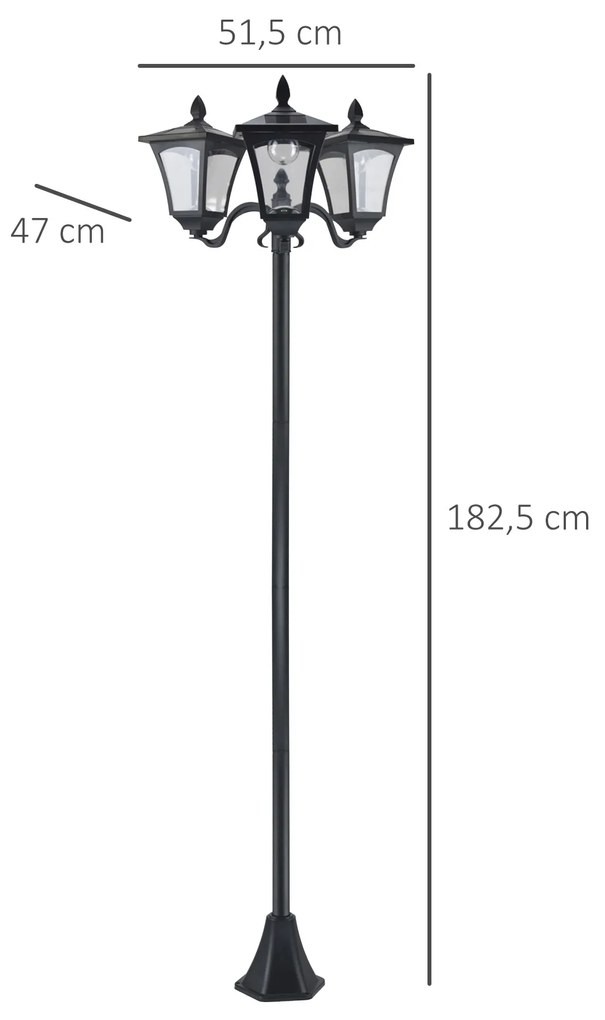 Candeeiro Solar de Jardim com 3 Luzes LED Impermeável IP44 Sensor de Noite Candeeiro de Exterior para Terraço Pátio Aço Inoxidável 51,5x47x182,5cm Pre