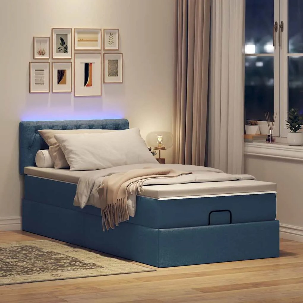 Cama Otomana com Colchão &amp; LEDs Tecido Azul 100x200 cm
