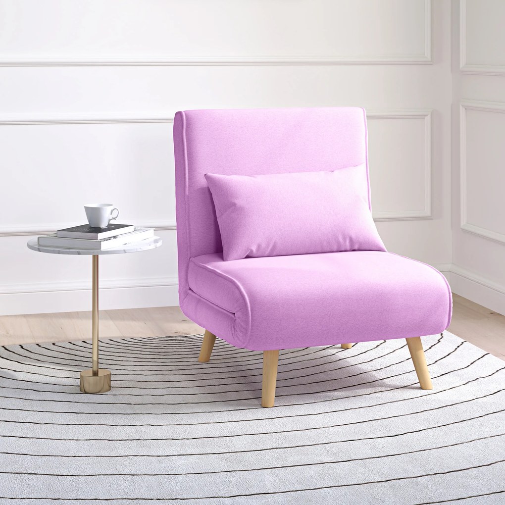 Sofá Cama Individual  Estofado em Linho com Encosto Ajustável em 5 Posições e Almofada Sofá Cama Pequeno 72x75x85 cm Rosa