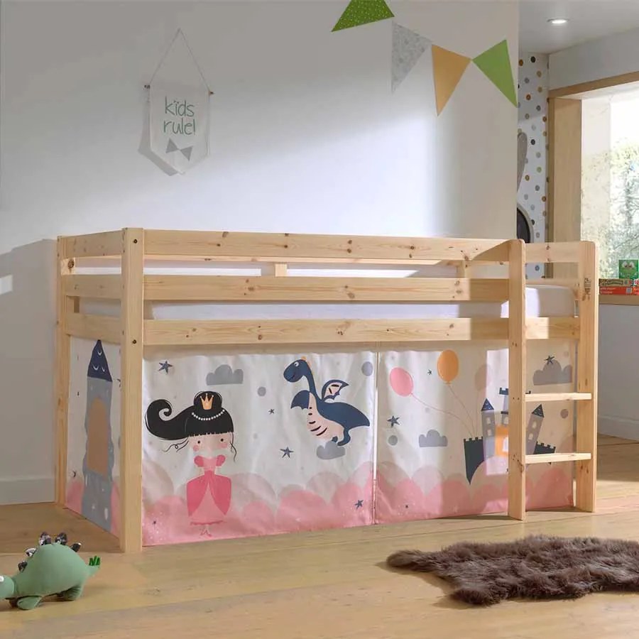 Cama alta de Criança PINO 90 x 200 cm + estrado + escada + cortina Princesa Natural