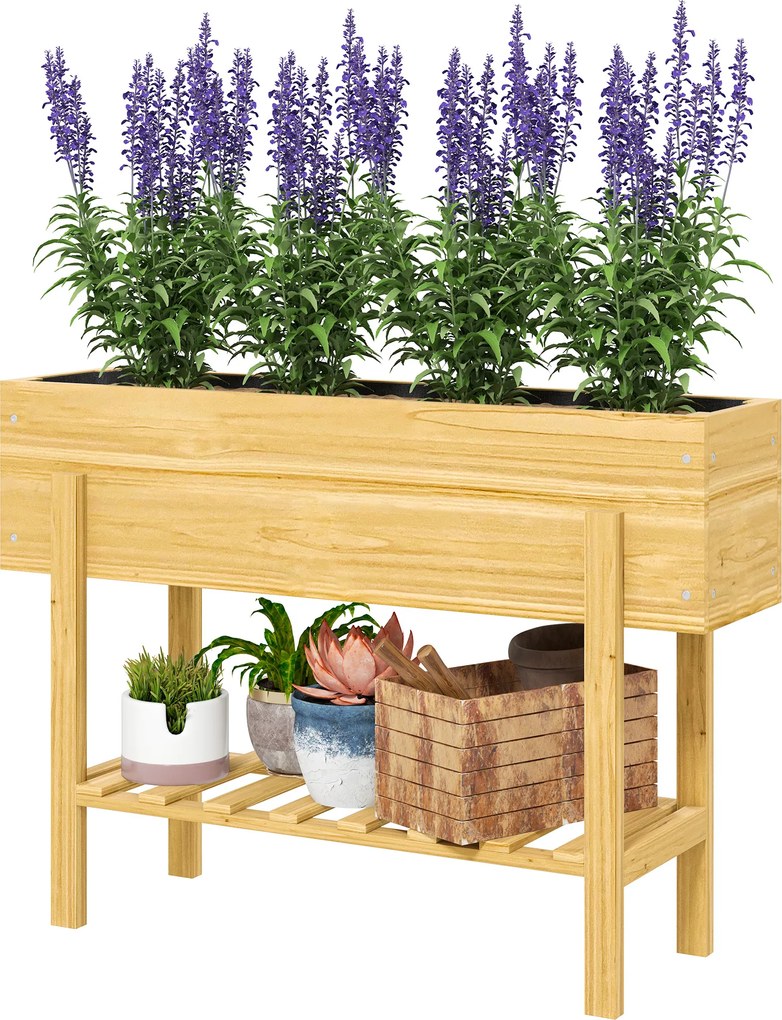 Floreira com pés 100 x 30 x 70,5 cm com 2 orifícios de drenagem, em madeira  natural