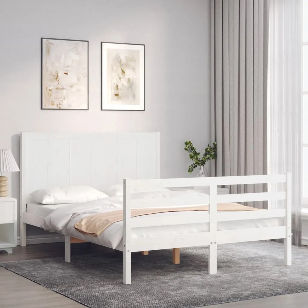 Estrutura de cama de casal c/ cabeceira madeira maciça branco
