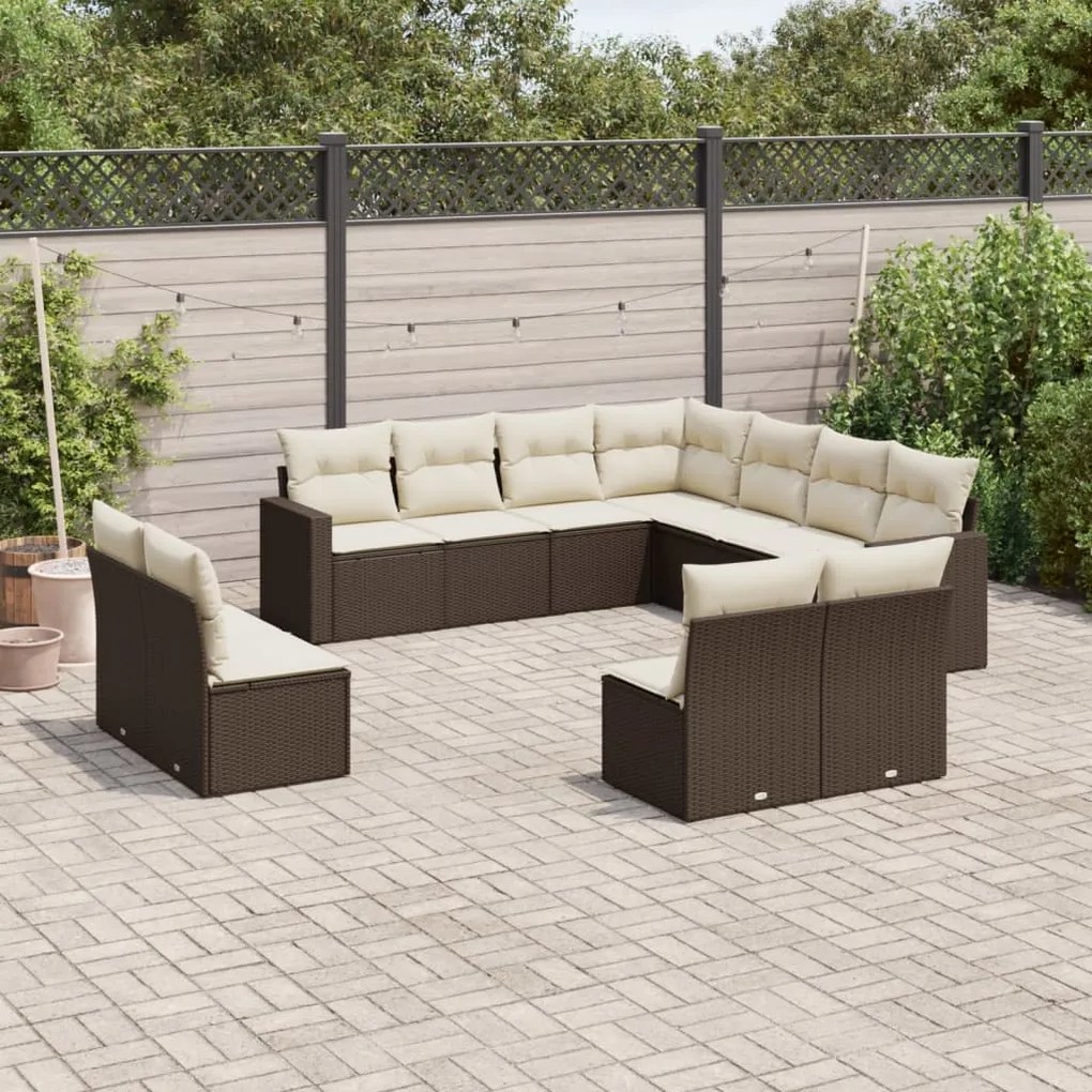 11 pcs conjunto sofás de jardim c/ almofadões vime PE castanho