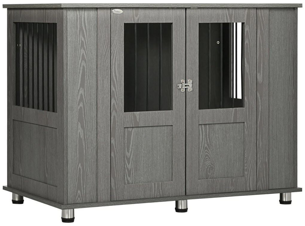 PawHut Gaiola para Cães Grandes Desmontável 2 em 1 Mesa Auxiliar com 2 Portas com Trava e 4 Janelas 114x60x82 cm Cinza | Aosom Portugal