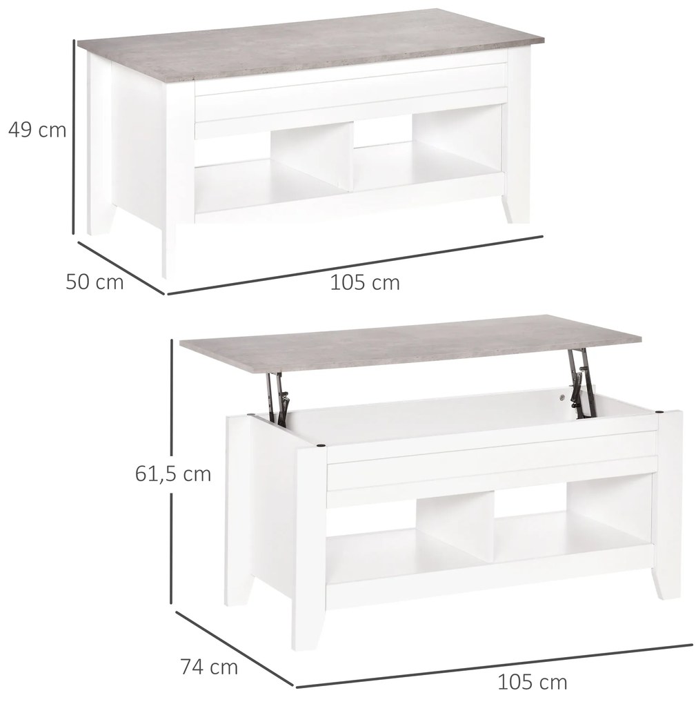 Mesa de Centro com Bancada Elevável Mesa de Centro com 2 Compartimentos Abertos Bancada de Imitação a Mármore Mesa Retangular para Sala de Estar 105x5