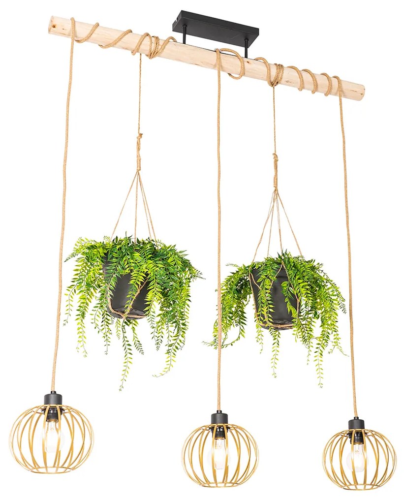 Candeeiro de suspensão rústico dourado com madeira 3 luzes - Yura