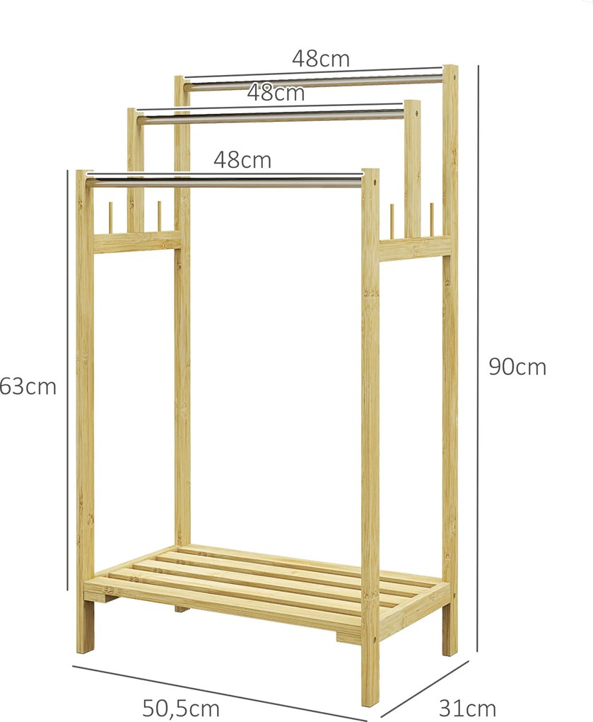 Toalheiro de Pé de Bambu com 3 Barras de Aço Inoxidável Prateleira Aberta 50,5x31x90 cm Natural