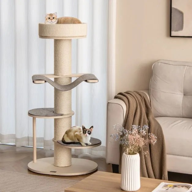 Arranhador para gatos de 120 cm Torre de madeira para gatos de vários níveis com arranhadores de sisal e 2 plataformas