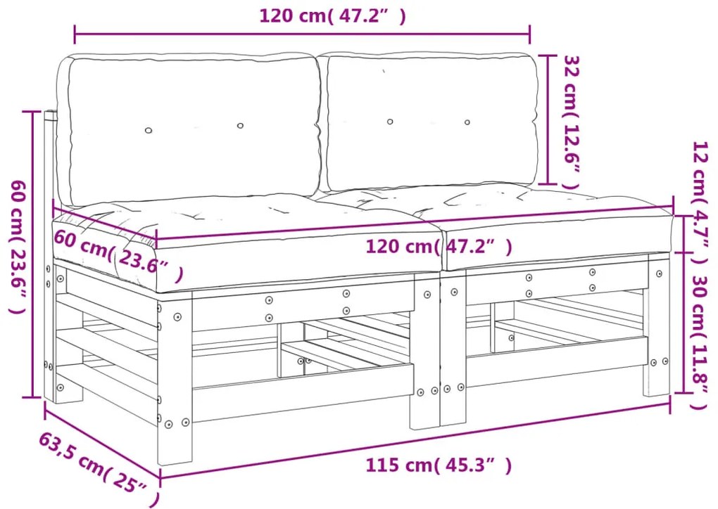 Sofás de centro com almofadões 2 pcs pinho maciço branco