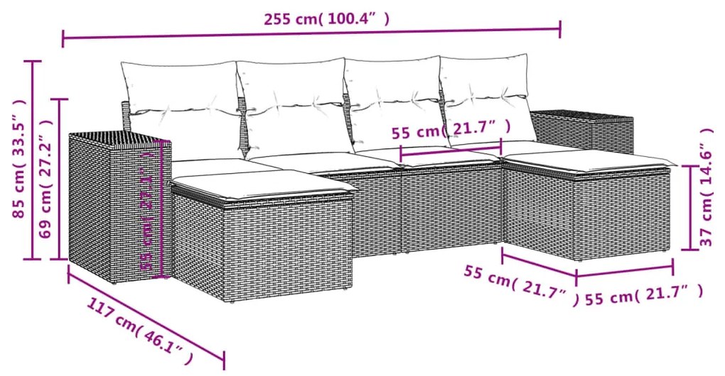 6 pcs conjunto sofás de jardim com almofadões vime cinzento