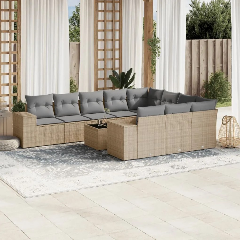 vidaXL 11 pcs conjunto sofás de jardim c/ almofadões vime PE bege