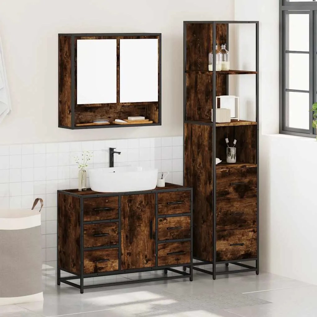3 pcs conjunto de móveis WC madeira processada carvalho fumado