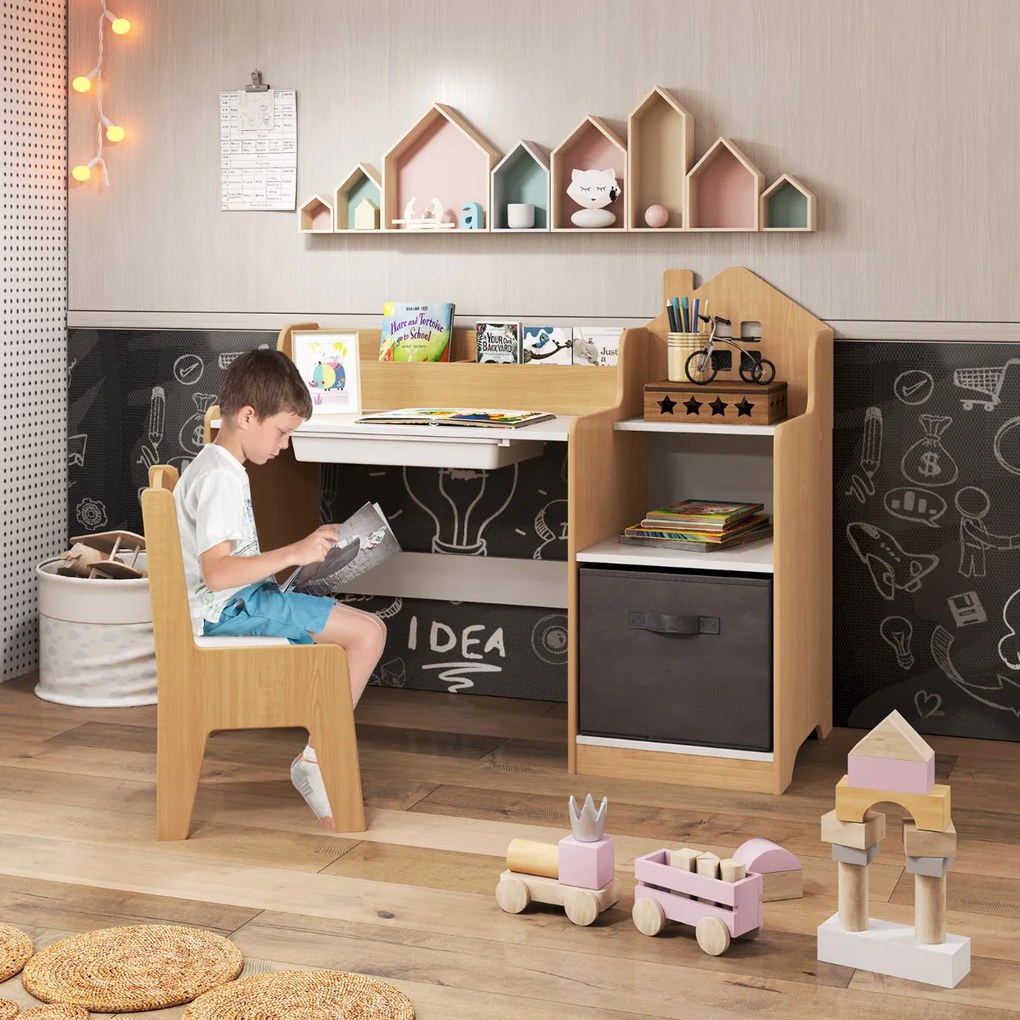 Conjunto de mesa e cadeira de estudo para crianças Mesa para crianças com estantes abertas Gaveta- natural