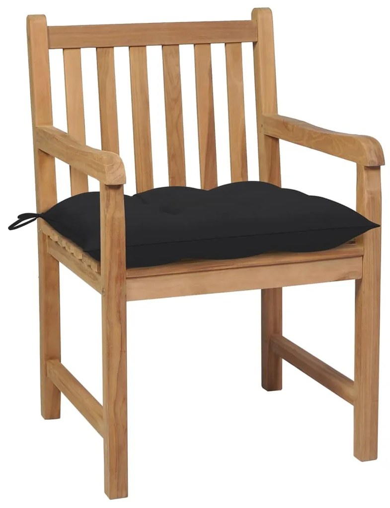Cadeiras de jardim c/ almofadões pretos 4 pcs teca maciça