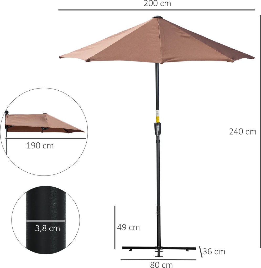 Chapéu de Sol de Parede 200x190x240 cm com Manivela Poste de Aço e Base Cruzada Anti-UV para Terraço Varanda Castanho