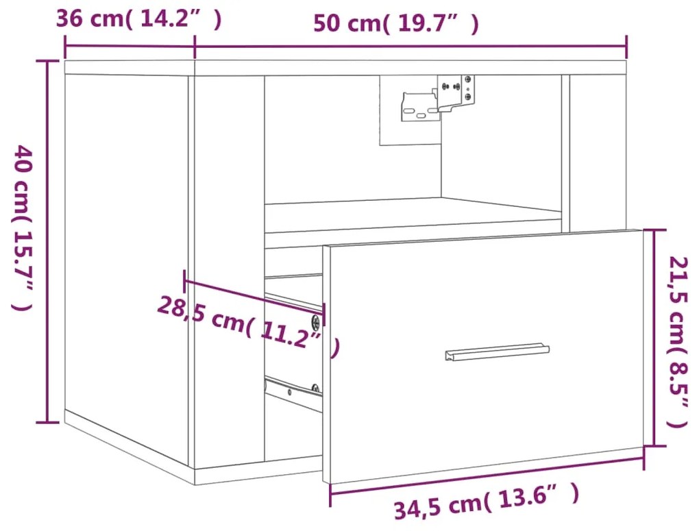 Mesas de cabeceira de parede 2 pcs 50x36x40 cm branco