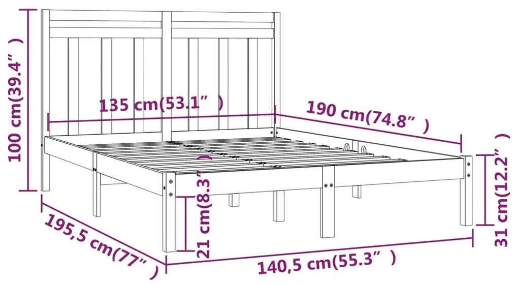 Estrutura de cama casal 135x190 cm madeira maciça branco