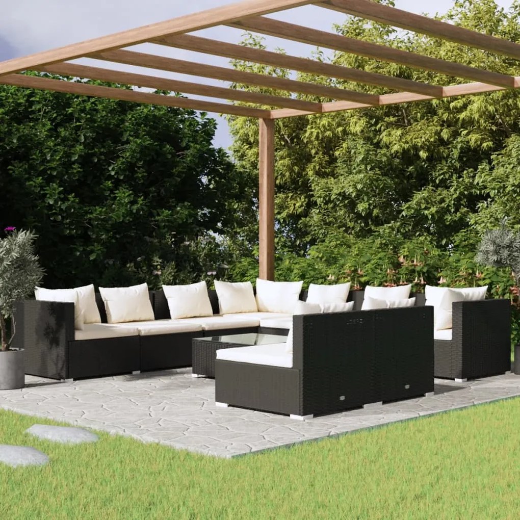 vidaXL 10 pcs conjunto lounge de jardim c/ almofadões vime PE preto
