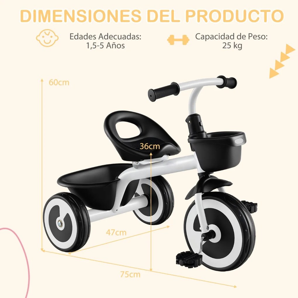 Triciclo infantil de 3 rodas com assento ajustável, cestos dianteiro e traseiro, estrutura em ferro, para 1,5 a 5 anos Branco