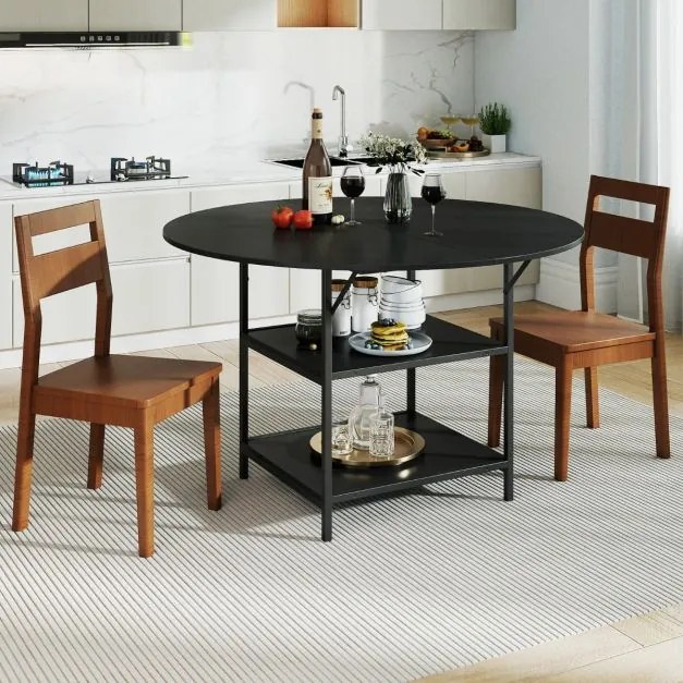 Mesa de Jantar Redonda 120 CM para 4-6 Pessoas de Cozinha Estilo Rústico com Estante Aberta de 2 Níveis Estrutura Metálica Preta
