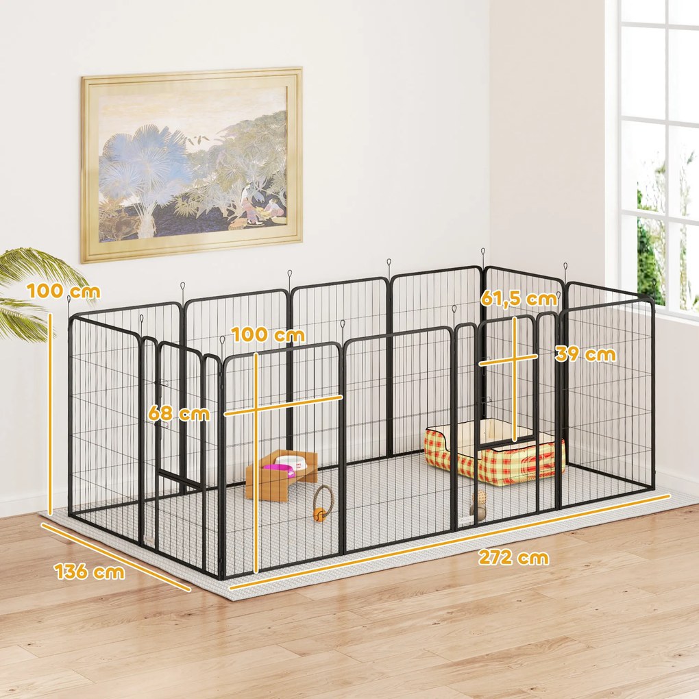 Parque para Cães de 12 Painéis 68x100 cm (CASOTA NÃO INCLUIDA) Parque Dobrável para Cães Médios com Portas Fecho e Estacas Preto