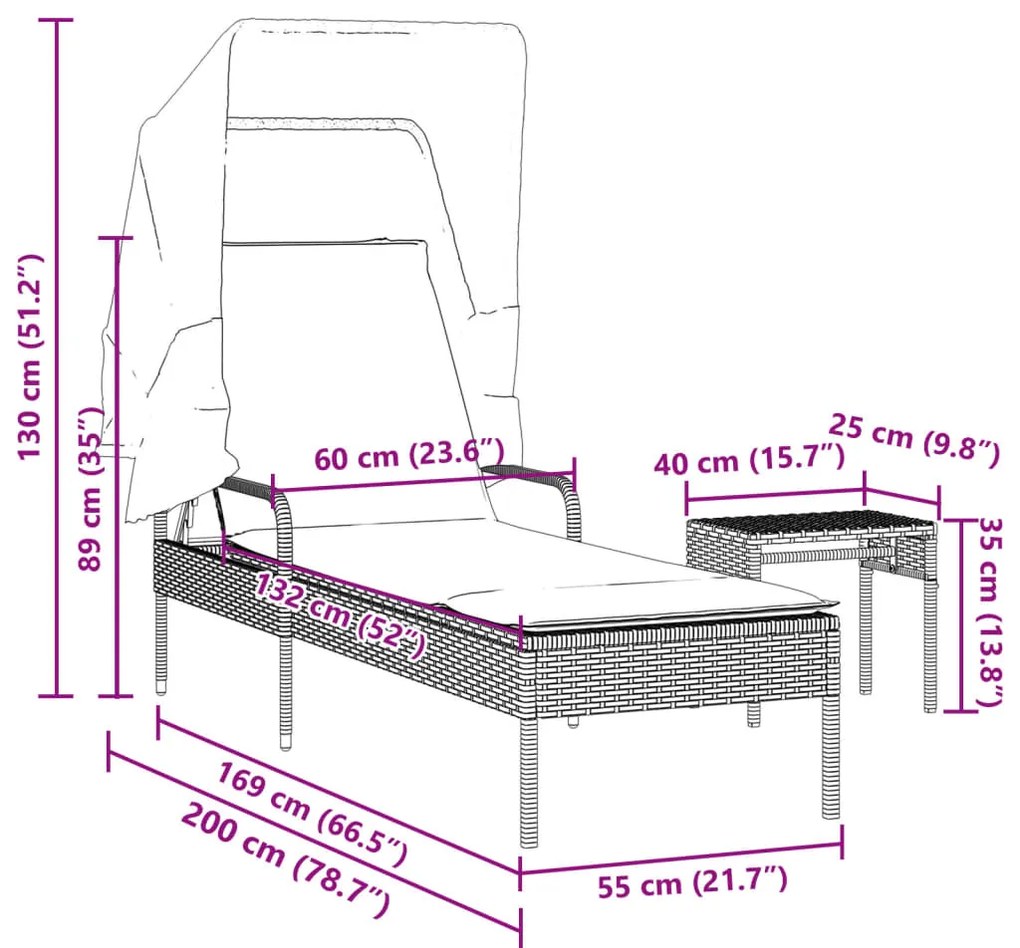 Espreguiçadeira com toldo e mesa vime PE bege