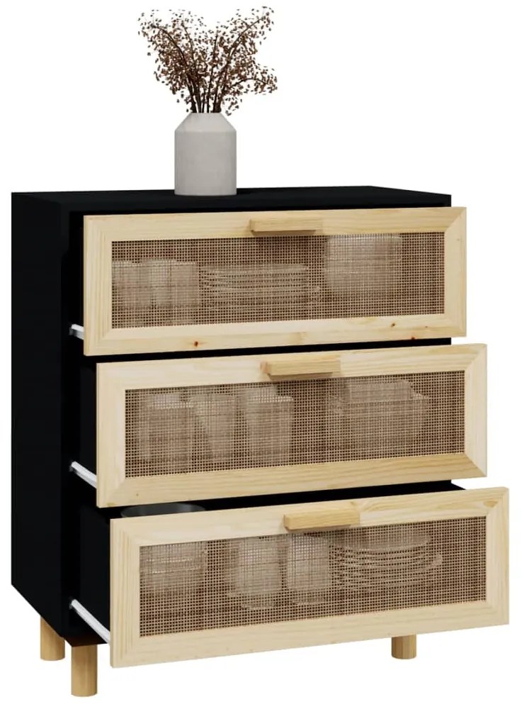 Aparador 60x30x70 cm pinho maciço/vime natural preto