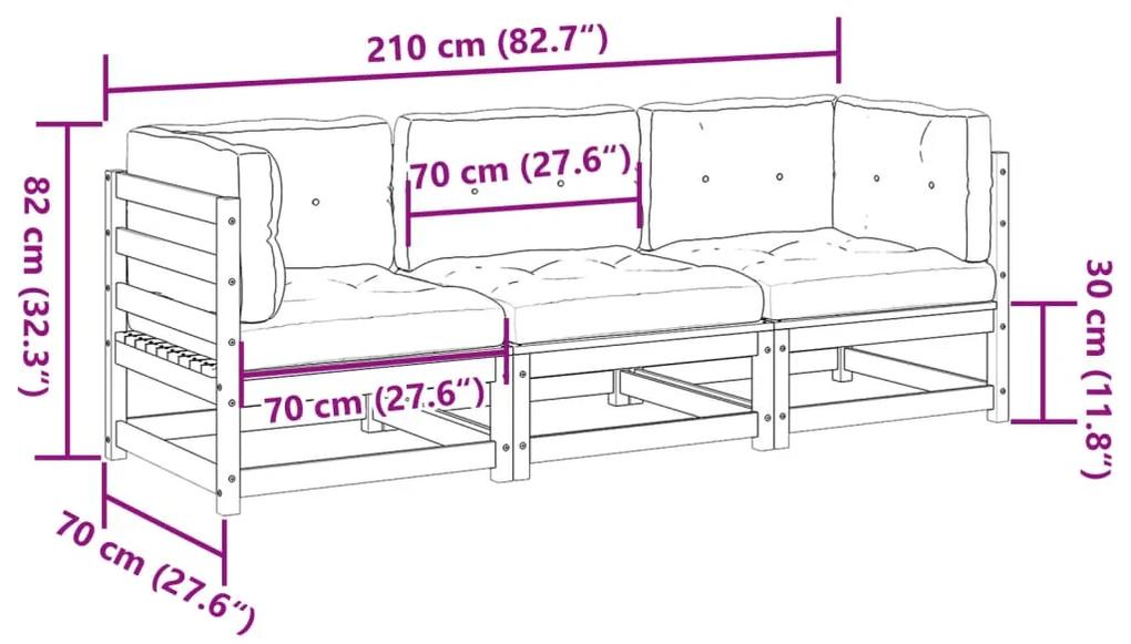 3 pcs conjunto sofás de jardim c/ almofadões pinho impregnado