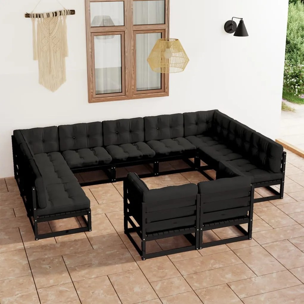 11 pcs conjunto longue jardim c/ almofadões pinho maciço preto