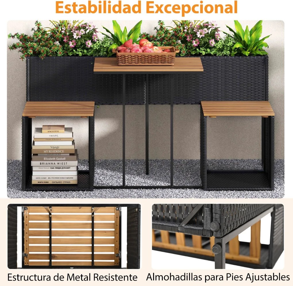 Conjunto de moveis jardim 150 x 70 x 73 cm com floreira de jardim elevada, mesa de rattan PE, cadeiras integradas e arrumação para pátio ou alpendre,