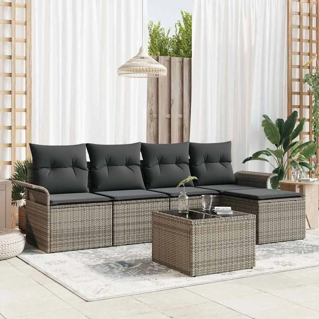 vidaXL Conjunto de sofá de jardim 5 peças com almofadas pretas em rattan sintético.
