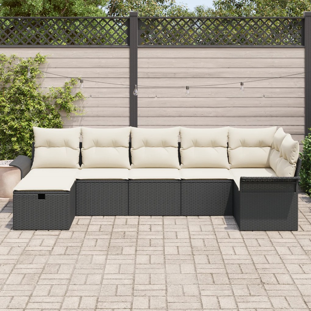 Conjunto de Sofá de Jardim 7 Peças com Almofadas Preto Rattan PE