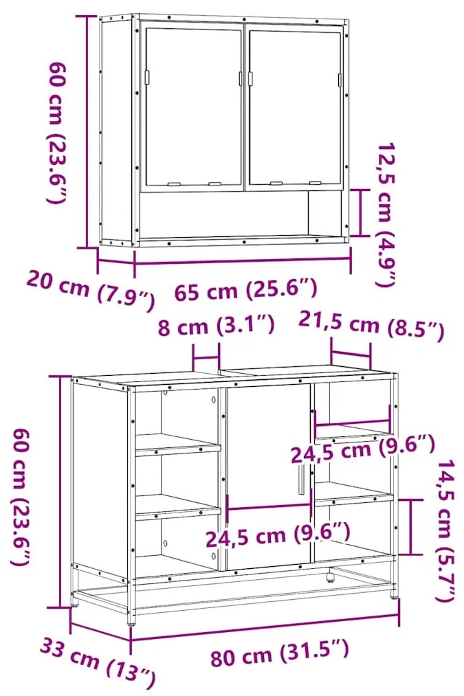 2 pcs conjunto móveis WC derivados de madeira sonoma cinza