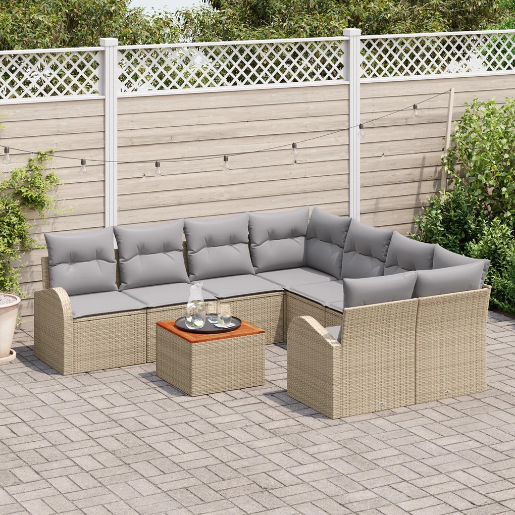 Conjunto de Sofás de Jardim 9 Peças com Almofadas Bege Rattan Poliéste