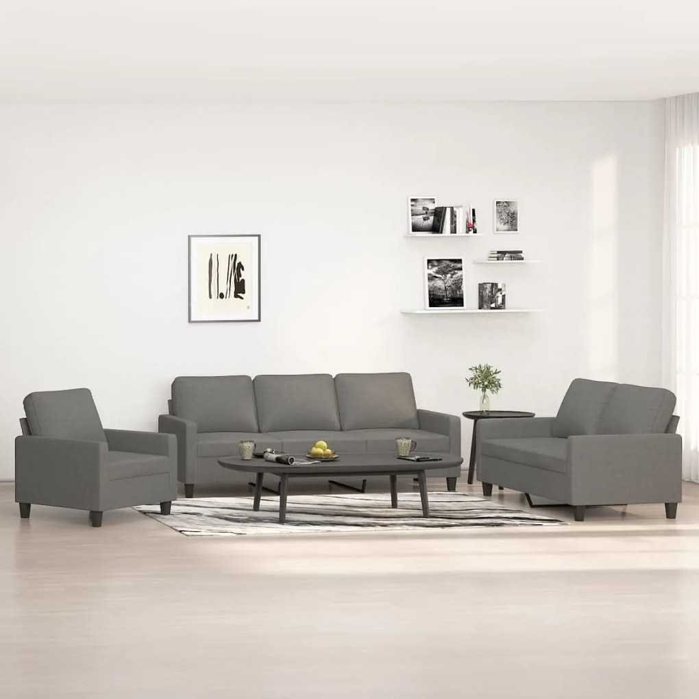 vidaXL 3 pcs conjunto de sofás com almofadões tecido cinzento-escuro