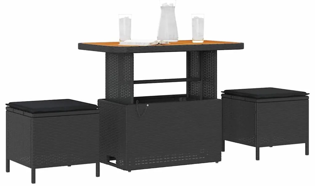 Conjunto de Jantar para Jardim de 3 Peças com Almofadas Preto Rattan P